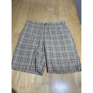 IZOD Shorts Mens 34 Beige/Black Plaid Regular Fit Outdoor‎ Golf Logo 55% Linen